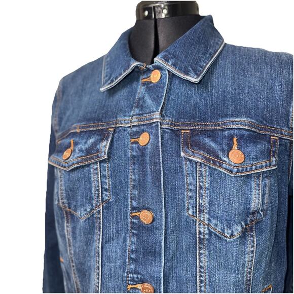 Loft Medium Wash Blue Denim Jean Jacket Womens Large Bronze Buttons Cowgirl Coat - Picture 2 of 7